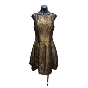 Halston Gold & Black Jacquard Fit & Flare Midi Dress